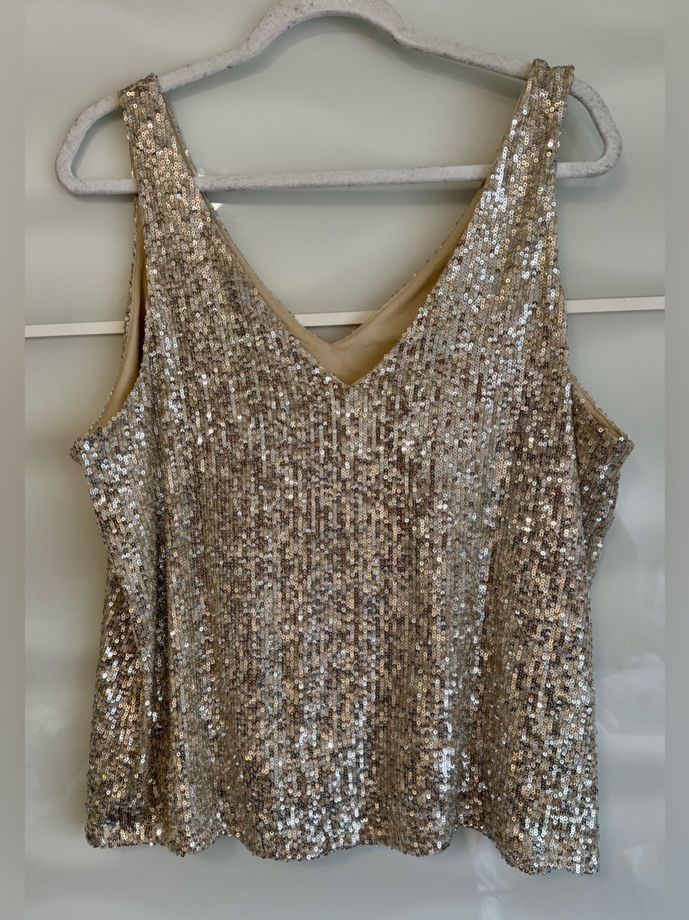 Champagne gold sequin vneck tank top blouse large xl